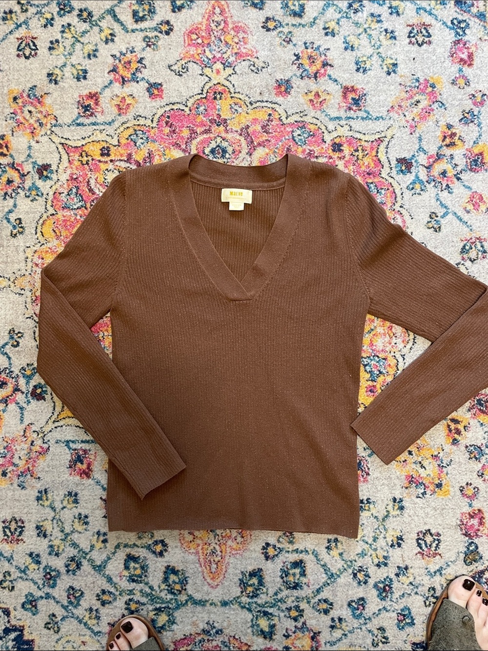 Maeve Brown V-Neck Ribbed Sweater